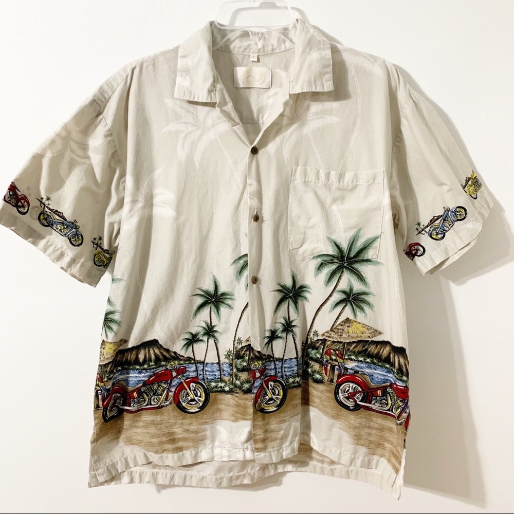 Vintage GOHAWAII 🌴🌸 Hawaiian Button Front Shirt Pointed Collar Motorcycles